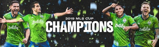 Banner image from SoundersFC.com showing Sounders players celebrating and reading "2019 MLS Cup Champions"