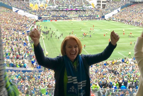 Mayor Durkan cheers the Sounders on at CentryLink field in their game against Toronto FC