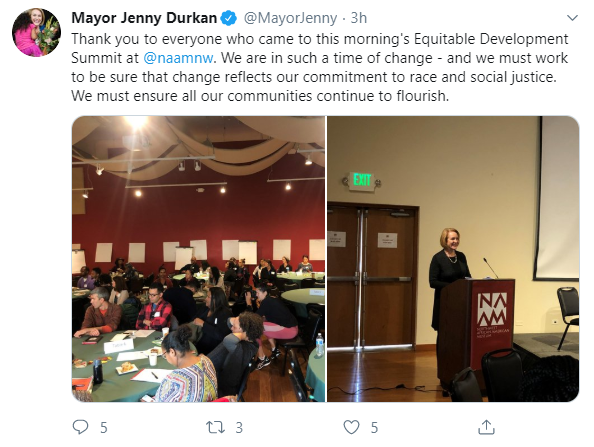 Screenshot of Mayor Durkan's tweet at the Equitable Development Summit at Northwest African American Museum