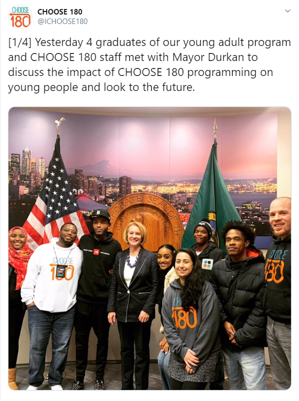 Tweet from CHOOSE 180 showing photo of Mayor Durkan and the Choose 180 youth