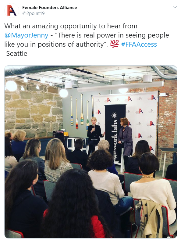 Tweet from the Female Founders Alliance showing Mayor Durkan and Heather Redman in front of a crowd of female founders