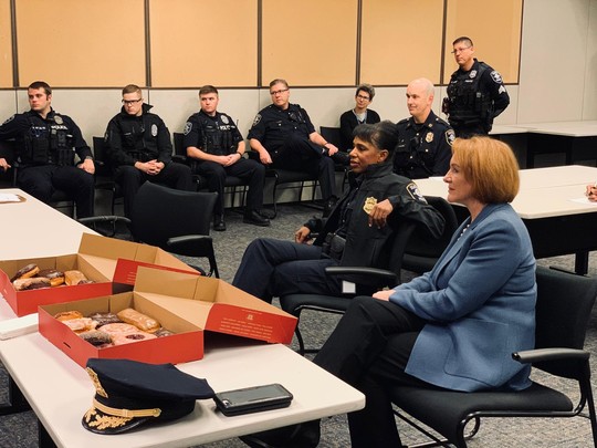 Mayor Durkan and Chief Carmen Best answer questions at a recent SPD roll call