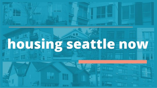 Blue graphic reading "Housing Seattle Now"
