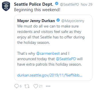 Seattle PD Re-tweet of the Mayor's Tweet promoting extra holiday patrols.