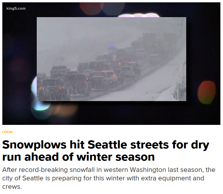 Screenshot from the King 5 story titled, "Snowplows hit Seattle streets for dry run ahead of winter season."