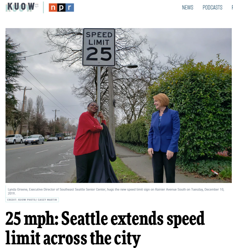Screenshot of a KUOW headline reading "25 mph: Seattle extends speed limit across the city"