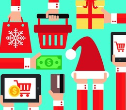 Colorful holiday shopping illustration of hands holding electronic devices and gifts