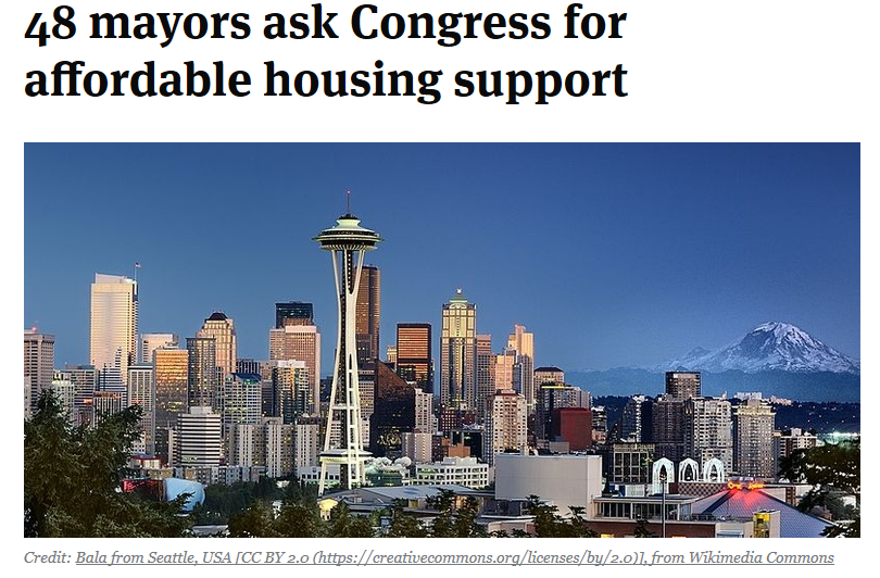 Screenshot from Smart Cities Dive with the headline, "48 mayors ask Congress for affordable housing support”