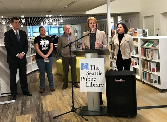 Mayor Durkan joins CM Deborah Juarez and community supporters at Lake City Library to announce the end of fines at The Seattle Public Library