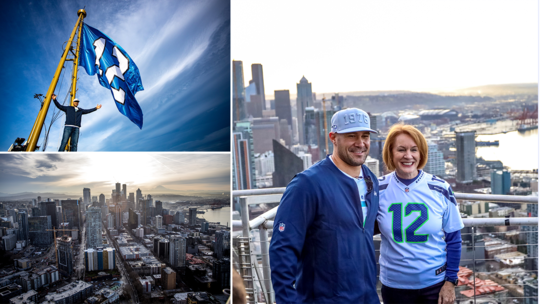 3-up collage of Mayor Durkan and Lofa Tatupu raising the flag at the Space Needle