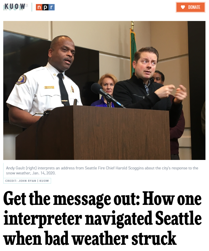Screenshot of KUOW story featuring a photo of Fire Chief Harold Scoggins and Andy Gault