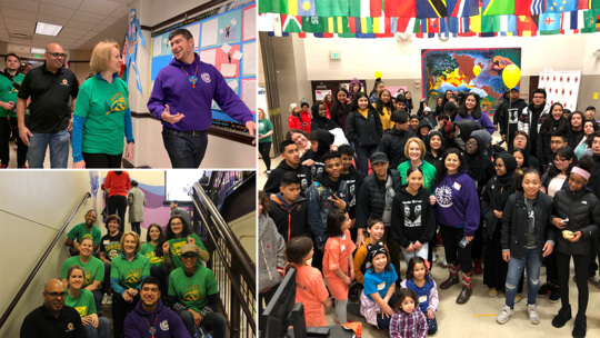 3-up photo of the Mayor at Concord Intl. School with Duwamish Valley Youth Corps, Mayor's office Staff, and others.