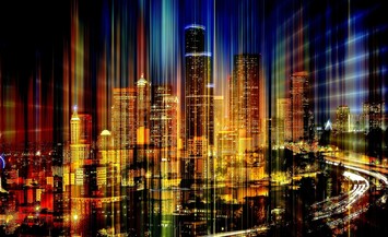 Stylized night time photograph of the Seattle skyline with color overlay