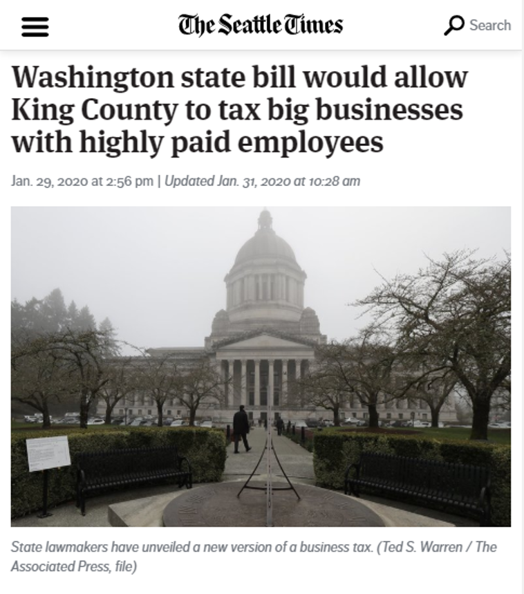 Screenshot of Seattle Times Story featuring a photo of the Washington State Capitol Building