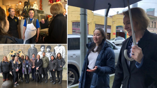 3-photo collage of Mayor Durkan walking through the Chinatown International District with Community Service Officers
