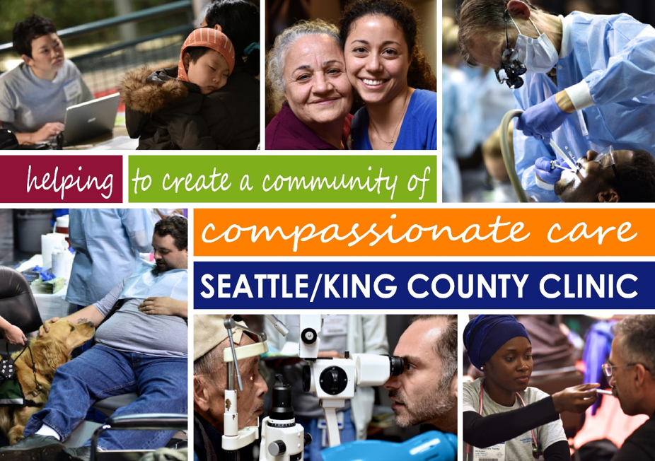 Collage of photos showing people from the Seattle-King County Clinic being treated for medical, dental, and vision 
