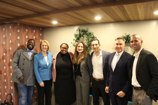 Mayor Durkan and King County Executive pose with Chauncey Williams, Raquel Russell (Zillow), Shkelkim Khelmendi, and others