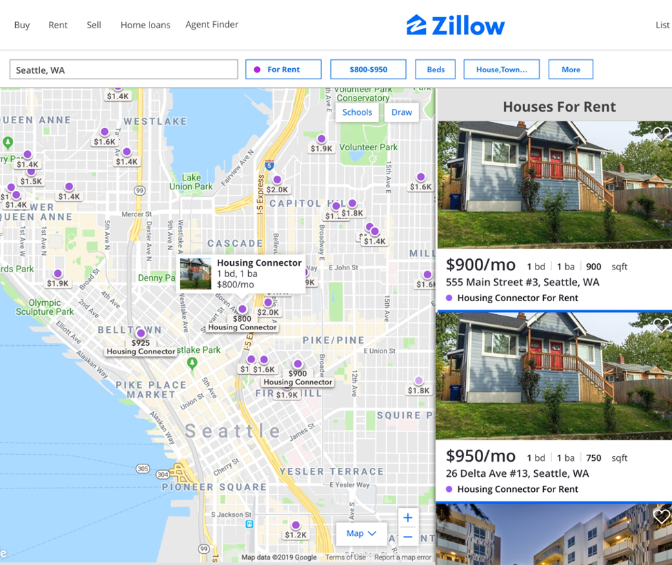 Screenshot of the Zillow app showing affordable housing for rent