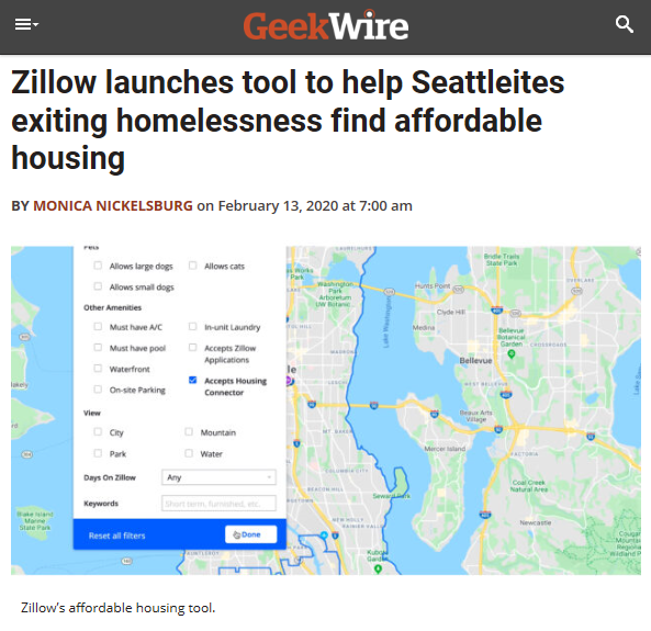 Screenshot of Geekwire story featuring a photo of the Zillow housing app