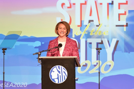 Mayor Jenny A. Durkan delivers her 2020 State of the City speech from the stage at Rainier Arts Center
