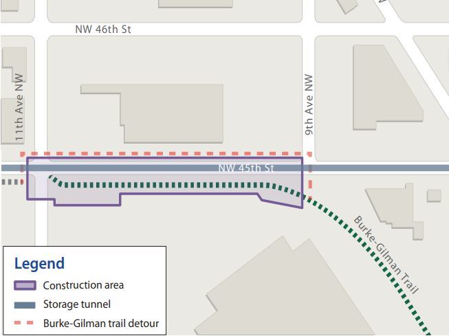 Map showing East Ballard construction zone on NW 45th St