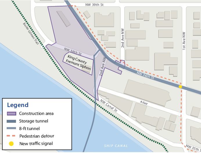 Map showing Fremont construction area near NW 36th St