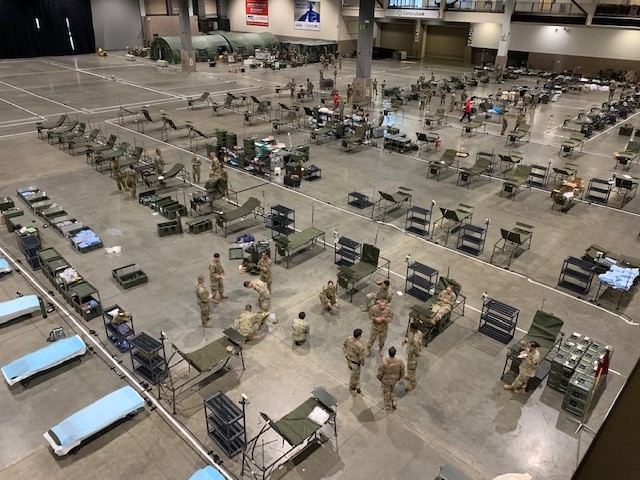 Photo from above of the Army Field Hospital currently being installed at Century Link Field