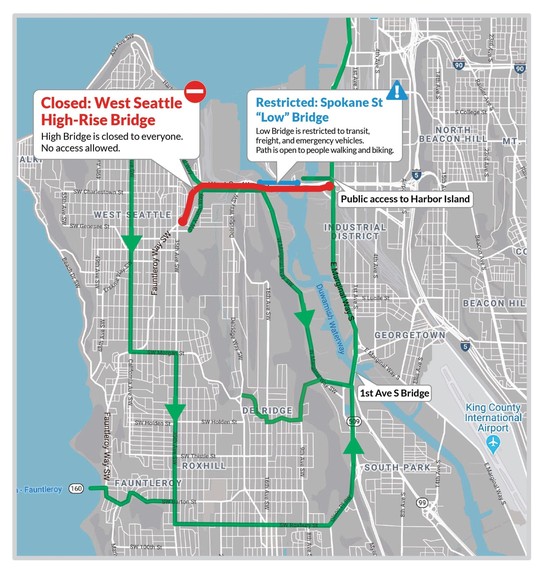 Zoomed out map showing alternate routes to get to West Seattle