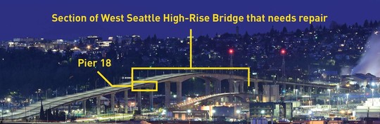 Image 1-Shows the section of the West Seattle High-Rise Bridge that needs to be repaired and the location of Pier 18 on the east side of the bridge