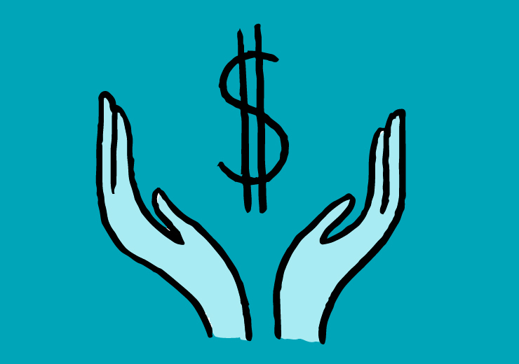 Hands graphic with dollar sign