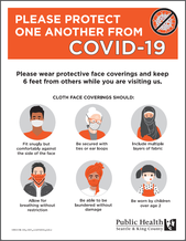Poster advising the public to practice social distancing and to wear a cloth face covering.