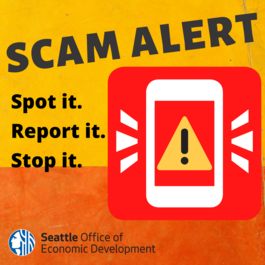 Graphic that reads 'Scam Alert' with an image of a cell phone