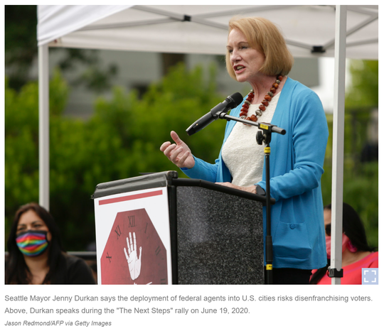 Mayor Durkan speaks to the crowd at a recent rally discussing police reform - credit: AP via NPR.com