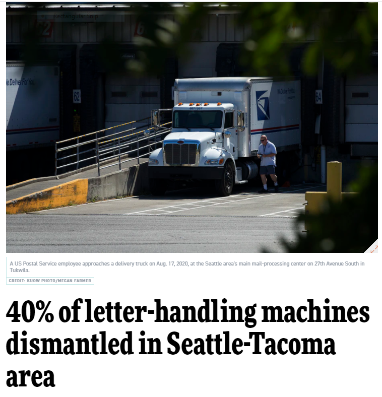 Clip from headline of KUOW story showing a US postal service employee near a large USPS truck at a mail processing center.