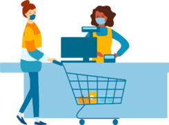 Women going through a grocery store check out