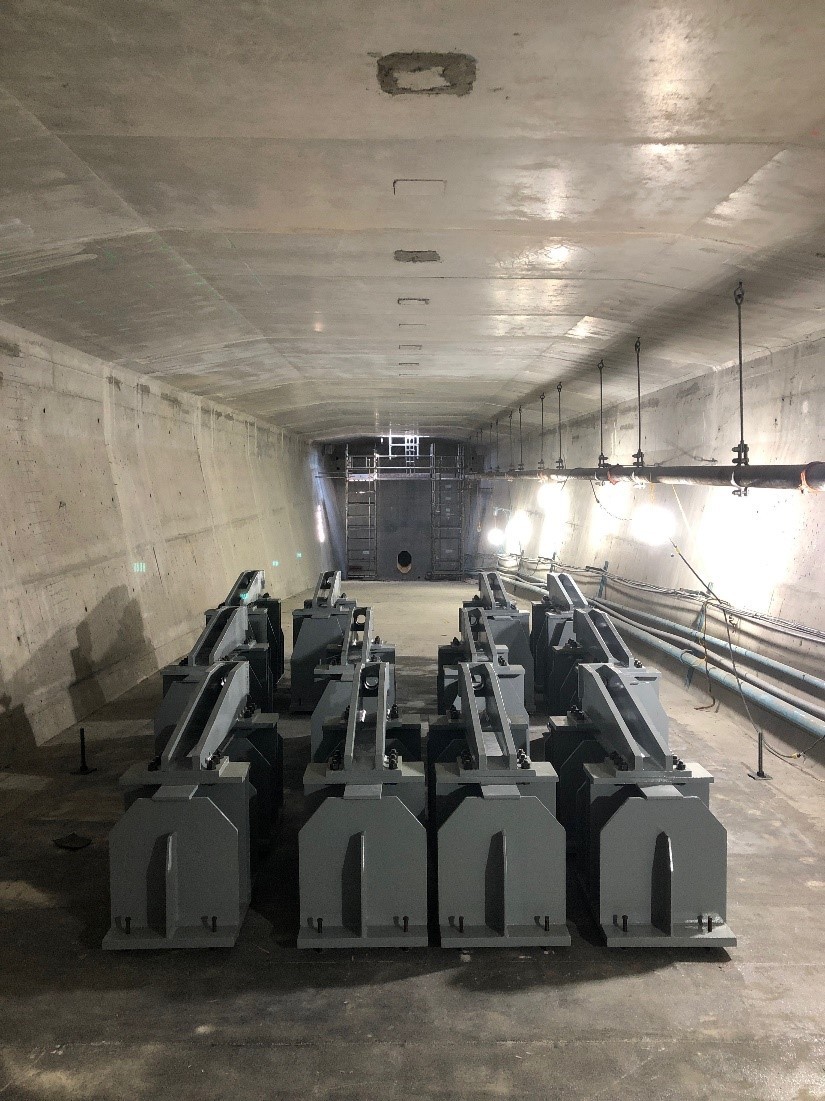 These heavy duty brackets will be used to secure the post-tensioning strands to strengthen the bridge during stabilization work.
