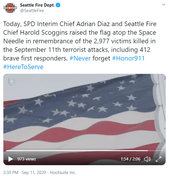 Tweet from the Seattle Fire Department recognizing the victims and the first responders who lost their lives during 9/11