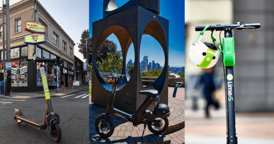 Three images of scooters posed against various locations in Seattle, including Kerry Park and Easy Street Records in West Seattle