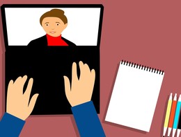 Color illustration of hands at a laptop with a female face on the screen