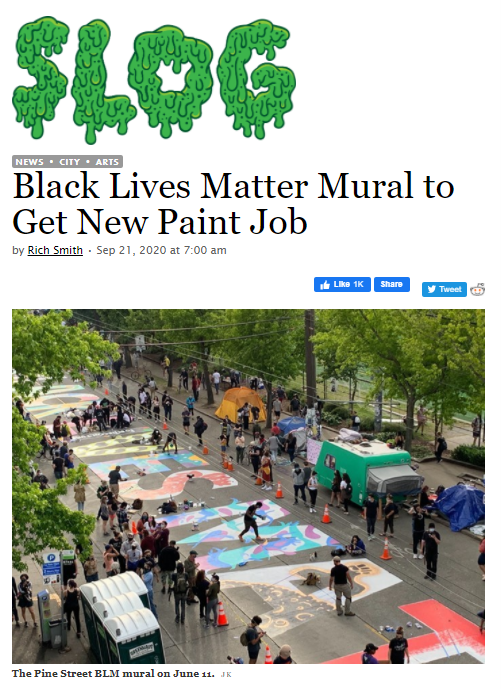 Screenshot of the lede from the SLOG showing the colorful BLM mural on capitol hill