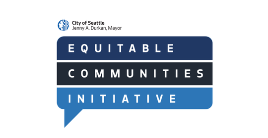 Equitable Communities Initiative logo - multi-colored blue speech bubble with the name of the initiative and the City of Seattle seal