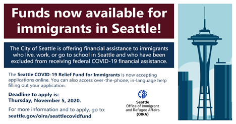 Graphic promoting the OIRA immigrant financial assistance program