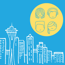 Doodles of Seattle skyline and icons of people