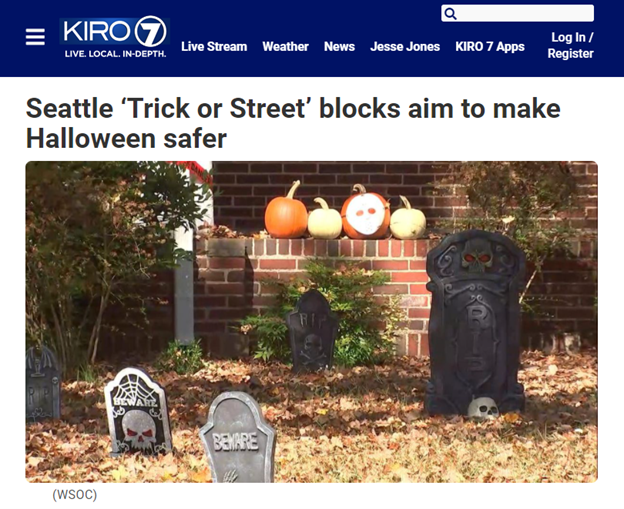 Screenshot of the KIRO7 masthead showing title of article and photo of a person's yard decorated for Halloween