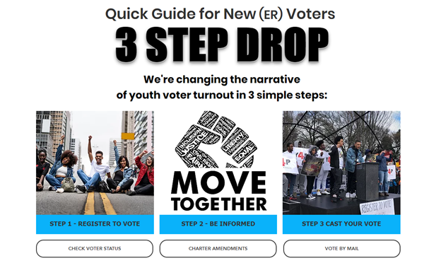 Screenshot from the Drop the Vote website showing the three steps to voting - register, get informed, and vote!