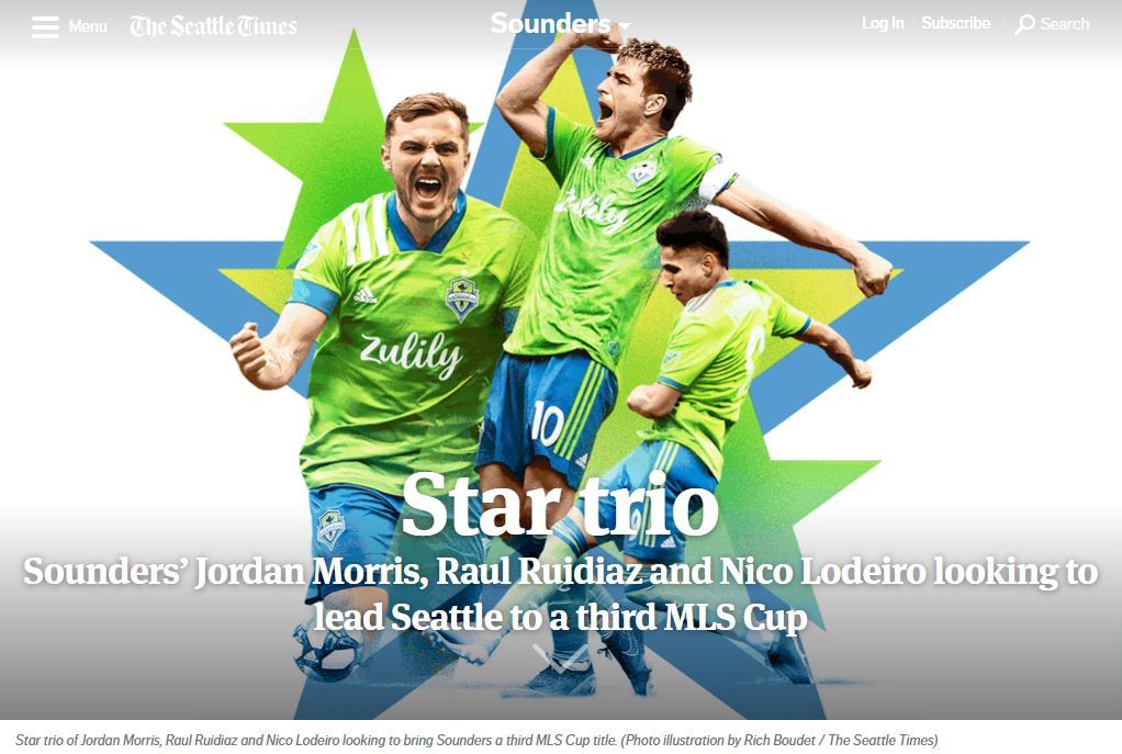 Seattle Times header image showing sounders players Jordan Morris, Raul Ruidiaz, and Nico Lodeiro