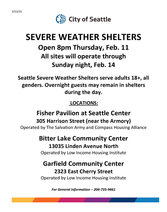 Human Services Department graphic, listing severe weather shelters