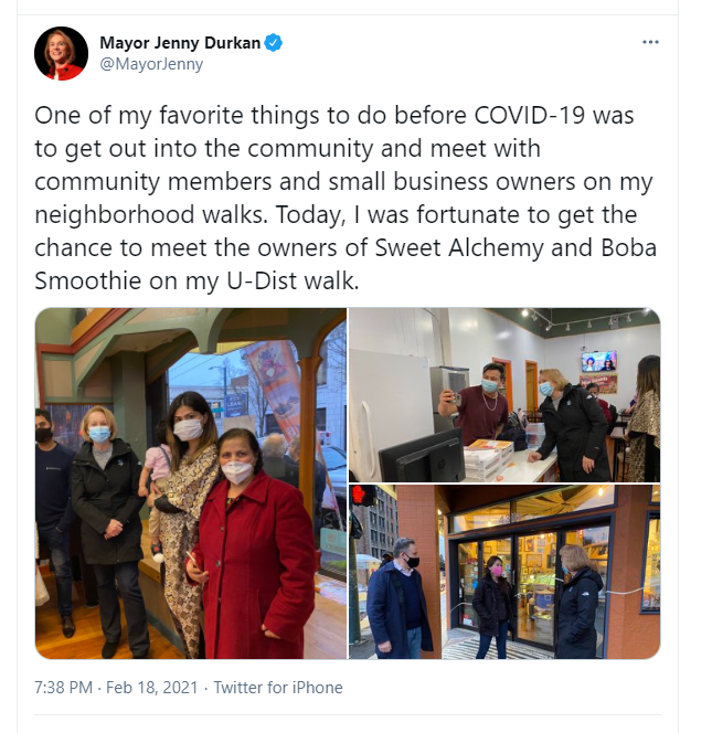 Mayor Durkan tweets about her visit to the U District to meet with community members and small business owners