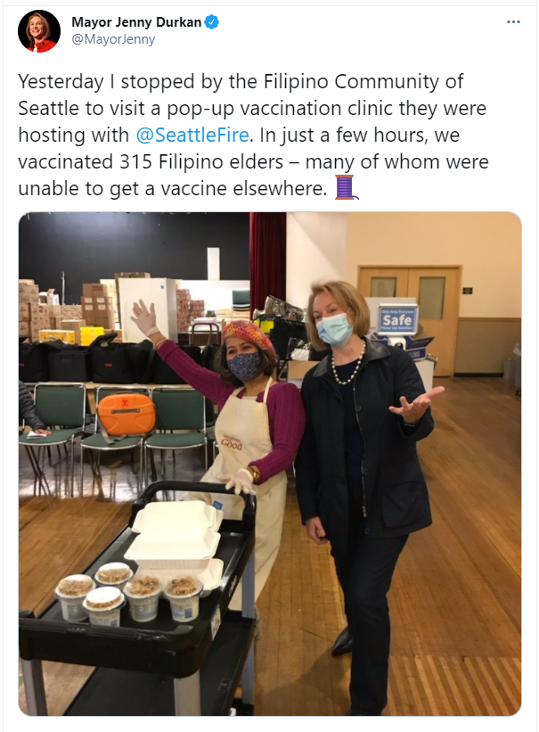 Tweet from Mayor Durkan about attending a pop-up vaccination clinic