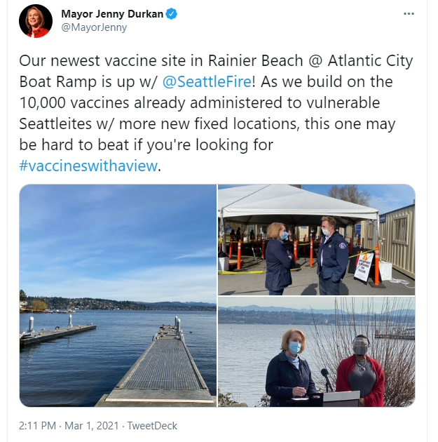 Tweet from Mayor Durkan about the newest vaccine site